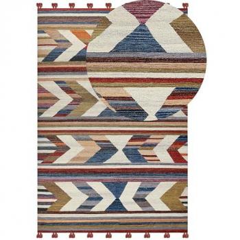 Tapis Kilim de Luxe en Laine, 200 × 300 cm – Pompons Orientaux, Fabriqué à la Main