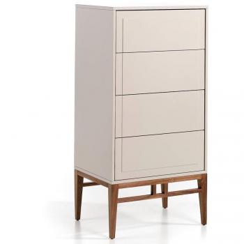 Chiffonnier moderno in MDF laccato nebbia con 4 cassetti e gambe in legno noce, 60 x 45 x 120 cm
