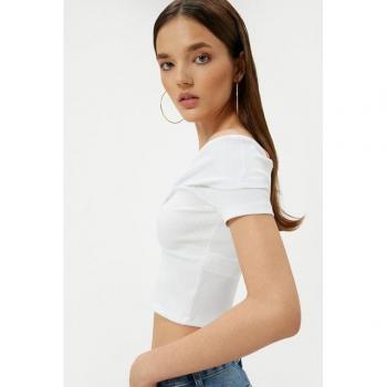 Koton Damen T-Shirt mit Knoten und V-Ausschnitt