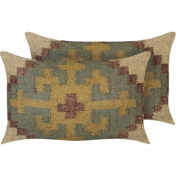 Set di 2 cuscini etnici in iuta e lana multicolore 30 x 50 cm stile kilim con tonalità terrose