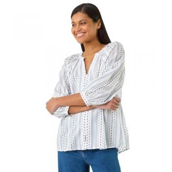 Tunique Dobby Rayures 100% Coton V-Neck 40 Bleu