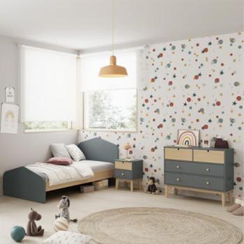 Kaina Prestige Pack 90×190 cm – Lit, Chevet 2 tiroirs, Commode 4 tiroirs – Gris et Neutre