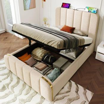 Gepolstertes Bett mit USB-Typ-C Anschluss und elegantem Design