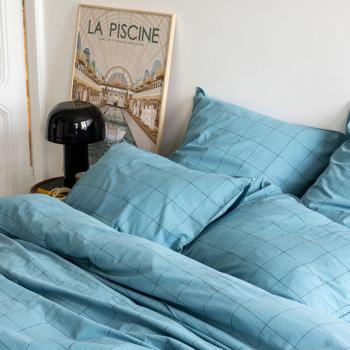 Housse de couette Blanc Cerise Percale Lavée, Motif Graphique Bleu