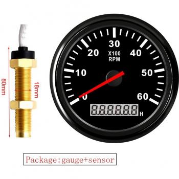 85MM Tacho Meter with M16/M18 Sensor for Marine Use, 0-6000RPM, Red Backlight