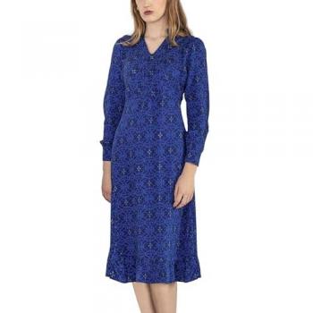 V‑Neck Puff Sleeve Midi Dress – Enorsia Navy Edition