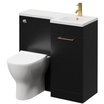 Napoli 900 mm Bathroom Ensemble – Matte Black Vanity, Right‑Hand L‑Shape, Single Door, Brushed Brass Handle, Polished Chrome Basin