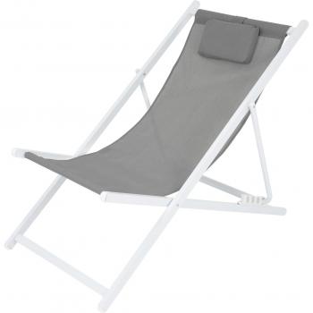 Chaise longue pliante en aluminium – Gris – Modèle Chilienne de plage – Avec coussin – Dossier réglable à 4 sens