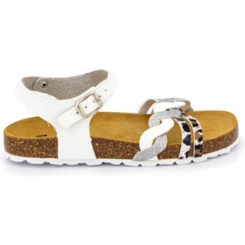 BIOSTOCK Kinder‑Schwungleopard Sandal – Silberriemen – Weiß