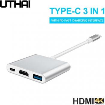 UTHAI Adaptador Triple Función: USB‑C a HDMI 4K + PD + USB‑A