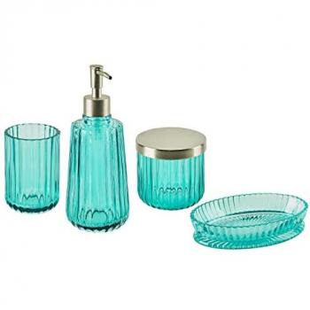 Set di 4 Accessori da Bagno in Vetro Blu Glamour con Dispenser, Porta Sapone, Portacepilli e Bicchiere