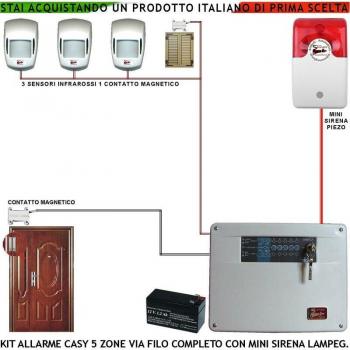 Kit Antifurto Casy Centrale 5 Zone con 3 Sensori IR Passivi e 2 Contatti Magnetici – Mini Sirena