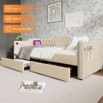 Beige Samt Schlafsofa mit Stauraum und 2 Schubladen