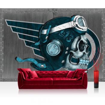 Premium Plus Wand-Tapete 300x210 cm – Grau-Helm, Flügel, Totenkopf