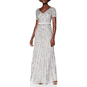 Chic Grey Stripe Maxi with Decorative Details – Women’s 8