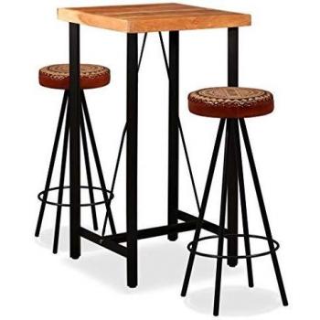 Ensemble de mobilier de bar en bois d'acacia et cuir véritable (3 pièces)