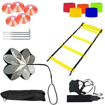 AMIGOB Entrenamiento Velocidad y Agilidad de Fútbol 7PCS: Paracaídas de Resistencia, Escalera 8m, Football Bungee, 5 Conos, Brazal