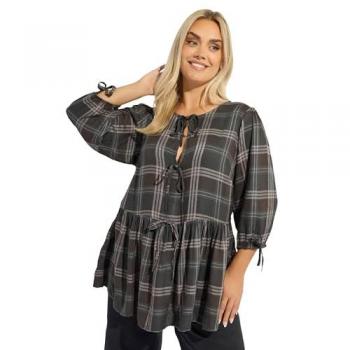Top Péplum à Motif Carreaux Brun