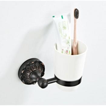 Retro Carved Antique Brass Bathroom Toothbrush Holder with Ceramic Cup