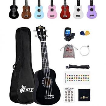 Ukulele Winzz Soprano Bundle Nero: Borsa, Fret Stickers & Panno