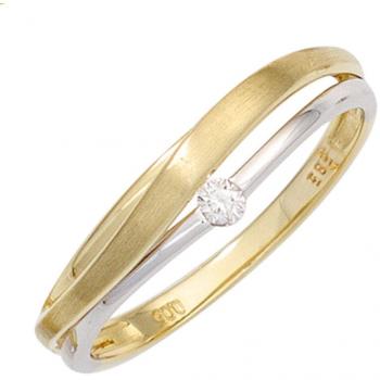 JOBO Damenring 585 Gold Gelbgold Weißgold teilmattiert 1 Diamant Brillant Größe 52