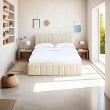 Lit coffre 180x200 cm avec tête de lit velours beige
