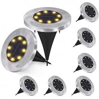 GreenRay Patio Solar Lights – 8 Disk LED Ground Fixtures, Warm White
