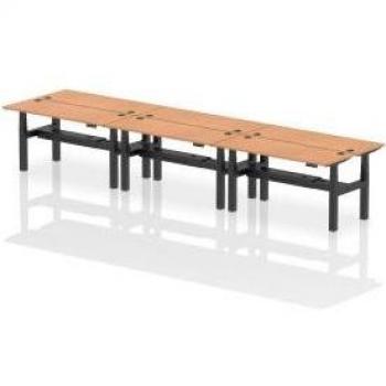 Dynamic Air Back-to-Back W1600 x D600mm Height Adjustable Sit Stand 6 Person Bench Desk With Cable Ports Oak Finish Black Frame