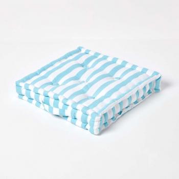 Homescapes Cotton Blue Thick Stripe Floor Cushion, 50 x 50 cm