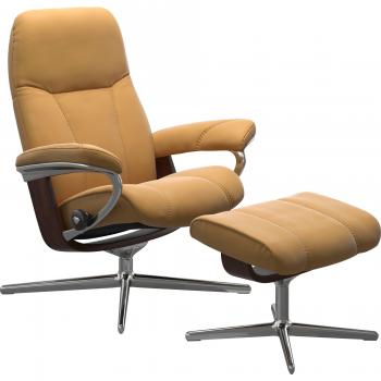 Relaxsessel STRESSLESS Consul, gelb (honey), mit Hocker, Cross Base, Größe S, M & L