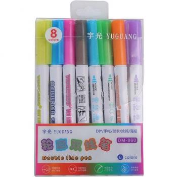 Kunst‑Textmarker Doppel-Linien-Set 8‑Stück – Metallisch & Verschwommene Farben