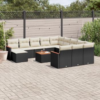 13-Piece Outdoor Sofa Set with Cushions in Black Poly Rattan