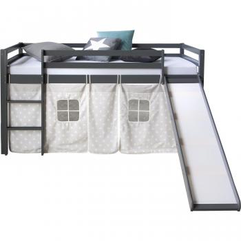 Escalada Celestial Cama Alta 90x200 cm en Madera Gris con Tela de Estrellas
