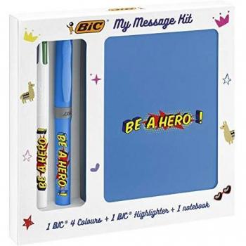 BIC Be a Hero Paket mit 1 BIC 4 Farben Kugelschreiber, 1 BIC Highlighter Grip Blau und 1 A6 Notizbuch