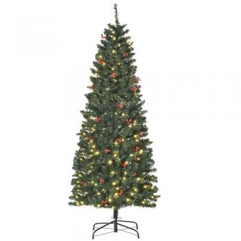 HOMCOM 6FT Prelit Artificial Pencil Christmas Tree with LED Light and Berries