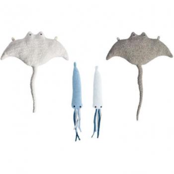 Crochetts, Pack 4 peluches infantiles decoracion pared formado Raya blanca, Raya gris y dos pulpos azul y blanco