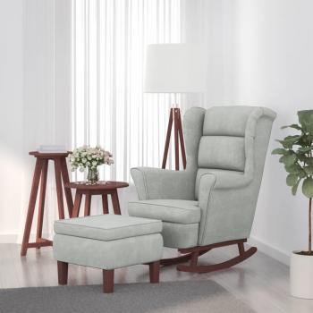 Silla de balanceo con estructura de madera y taburete de terciopelo gris claro