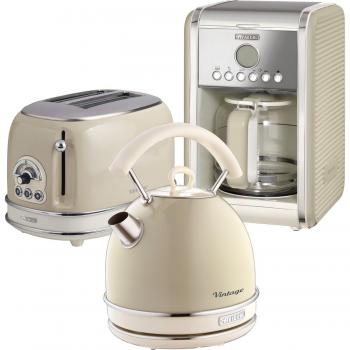 Ariete 1.7L Vintage Cream Dome Kettle, 2-Slice Toaster and 12 Cup Coffee Maker Bundle