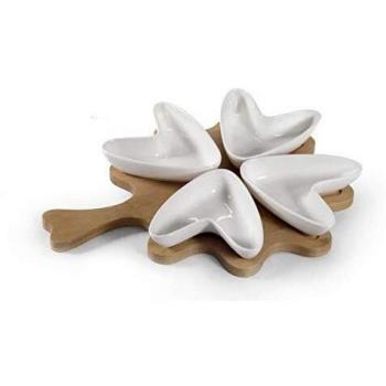Set di ciotole per antipasti in ceramica bianca da quattro pezzi con forma a cuore e supporto in legno, modello IPP-780608