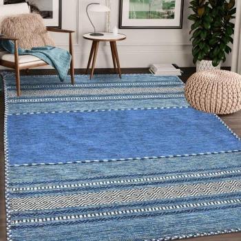 Tapis Kilim Tissé Main en Coton Bleu Ethnique 200x290 cm