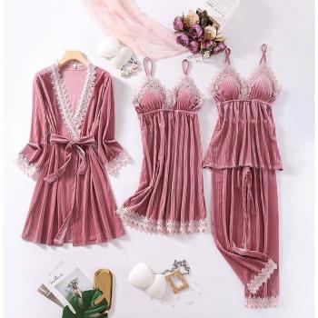 Women's Gold Velvet Pajama Set with Lace Details