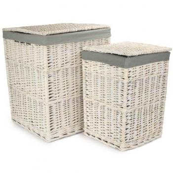 White Wash Square Laundry Hampers, Grey Sage Lining – Twin Set