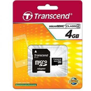 Transcend microSDHC 4GB Klasse 4 + SD Adapter (microSDHC, 4 GB, UHS-I), Speicherkarte, Schwarz