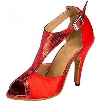 Sophisticated Latin Dance Shoes for Women’s Ballroom Events – Red, Wedding-appropriate, T-Type Heels, Size 8.5 UK