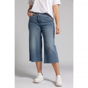 Pantaloni culottes di jeans con cintura elastica, orli sfrangiati, Donna, Blu, Taglia: 56, Cotone