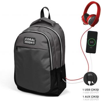 Kids' Coral High USB Backpack, Dark Gray & Black – Triple Compartment Design