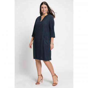 Abito midi in misto lino con collo alto e maniche a 3/4, Donna, Blu, Taglia: 48/50