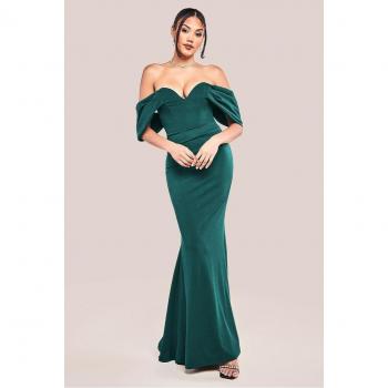Maxi-Kleid in Smaragdgrün mit Off-Shoulder‑Design und Drapierten Ärmeln – 38 females
