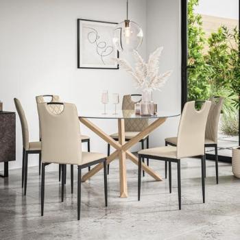 Malvern Luxury Round Dining Table & 6-Seat Faux Leather Set – Transparent Glass Top, Solid Oak