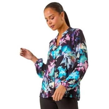 Petite Navy Floral Buttoned Blouse by Roman – Female Size 16